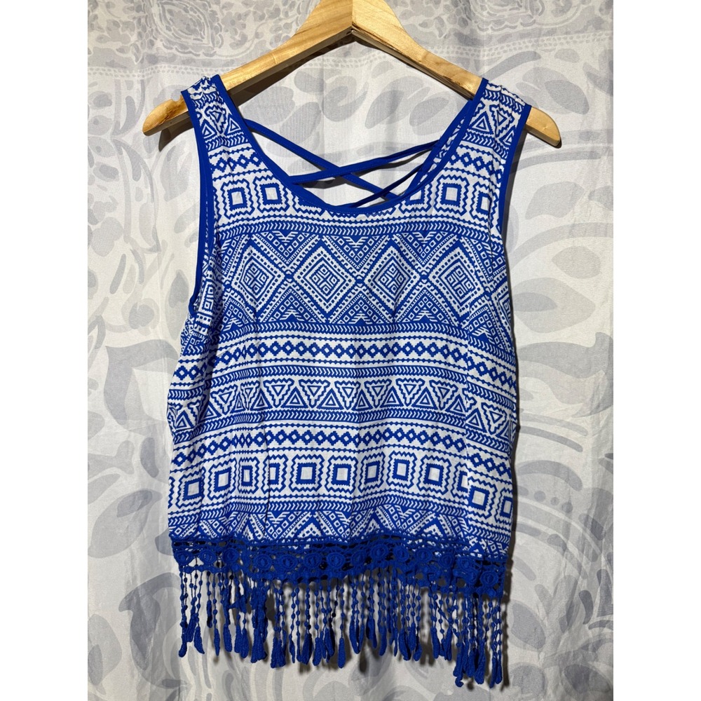 E&M Aztec Incán Tani Royal Blue Fringe Bohemian Tank Sleeveless Women's Size L
